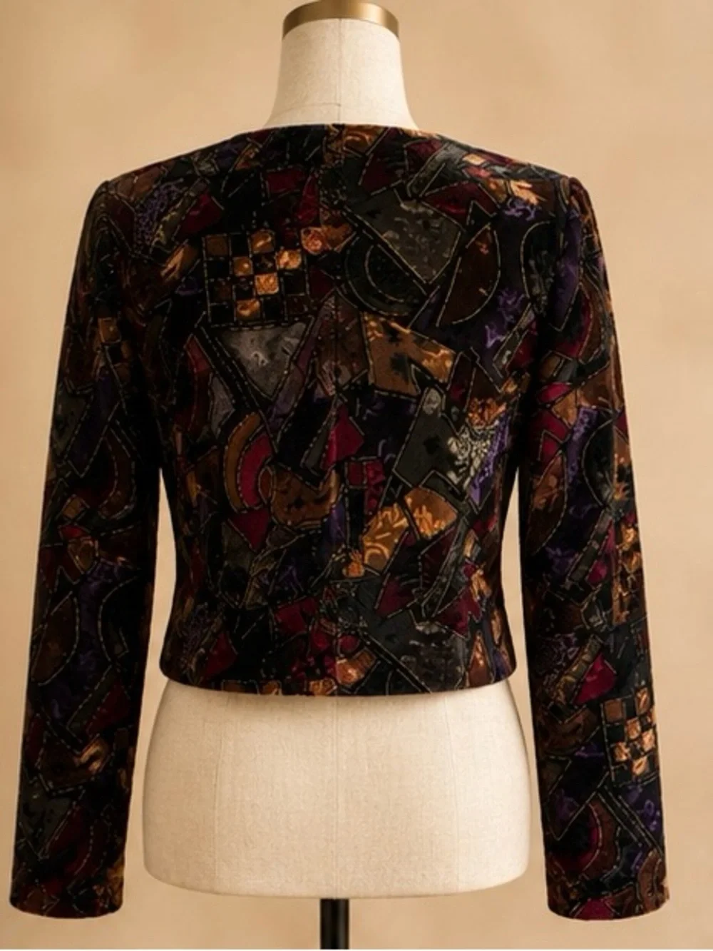 VTG Tres Paquette Velvet Cropped Blazer Abstract Multi Metallic Sz 10 Petite